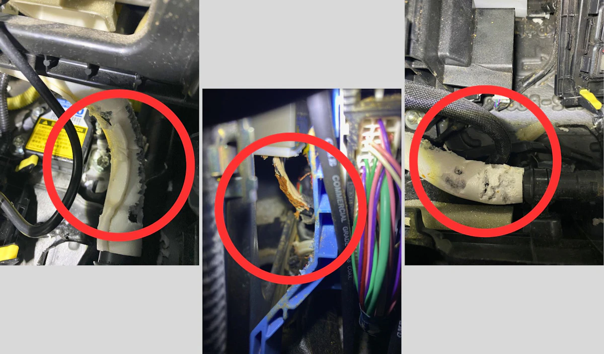 As shown in the inspection photos, the damaged wiring had exposed conductors and broken circuits, preventing several electronic systems from communicating correctly. This explained why the vehicle was experiencing so many unusual and seemingly unrelated faults. Prompt Auto Repairs